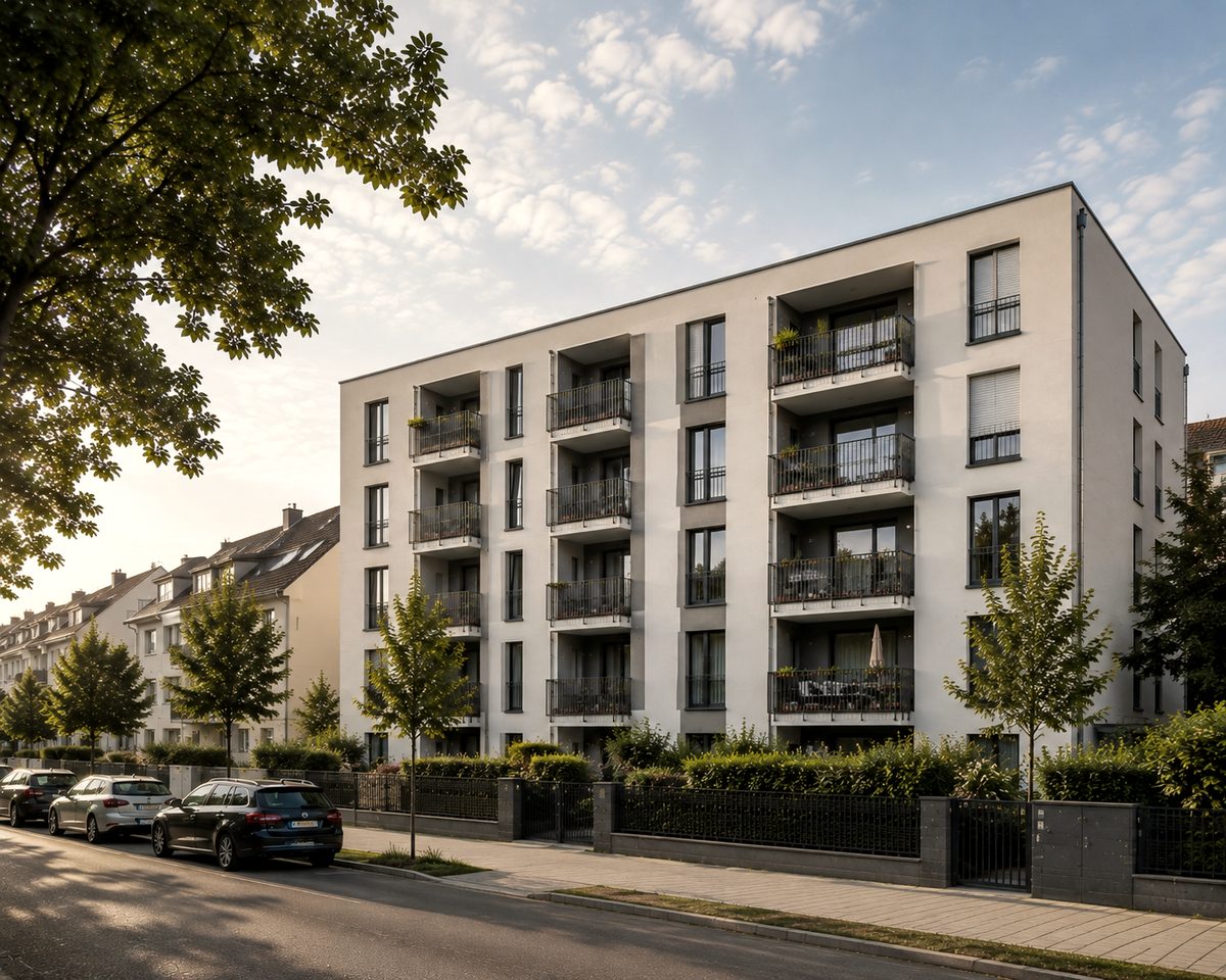 Mehrfamilienhaus mit Balkonen an einer Wohnstraße, beispielhafte Wohnanlage